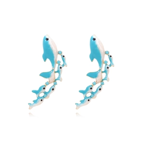 Dolphin Dangle Earrings Zinc Alloy Blue White Enamel Rhinestone Ocean Style Cute Animal Jewelry For Women