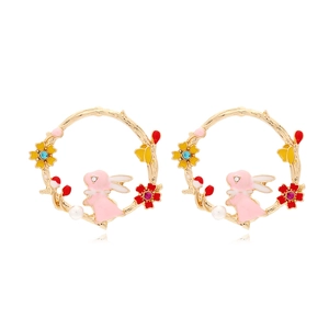 Cute Rabbit Wreath Earrings Pink Enamel Flower Zircon Alloy Sweet Forest Style For Women Girls Imitation Artificial Pearl