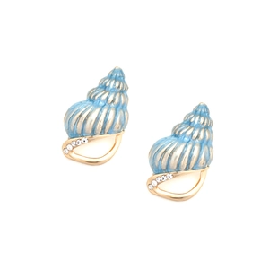 Boucles d'oreilles conque en émail bleu avec dorure et cristaux de style océanique