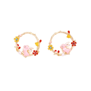 Golden bunny wreath earrings with colorful enamel flowers and white pearls for girls