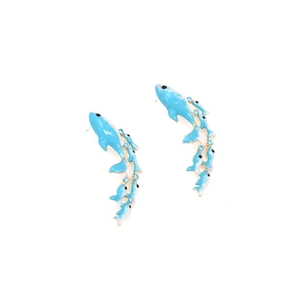 Detail of blue whale stud earrings with enamel dolphins and sparkling light blue crystals