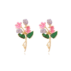 Elegante Rosa Emaille Blumen Ohrhänger Mit Zinklegierung Grüne Blätter Violette Strasssteine Süßer Floraler Schmuck Für Damen