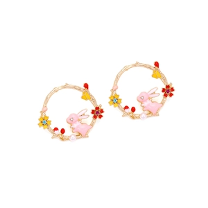 Kawaii pink rabbit wreath hoop earrings with colorful flowers and pearls in gold finish
