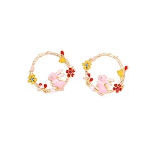 Pink rabbit wreath earrings with colorful enamel flowers and small faux pearls