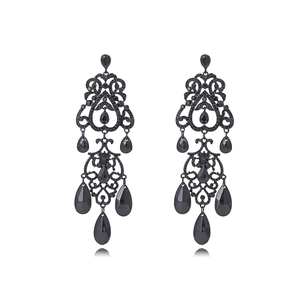 Retro Baroque Black Dangle Earrings Zinc Alloy Lacquer Water Drop Rhinestone Hollow Out Gothic Jewelry Women