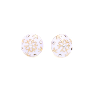 Elegant white enamel snowflake stud earrings with gold accents and sparkling crystals