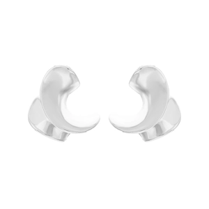 Modern abstract silver curved leaf earrings with polished mirror finish and C-shape design