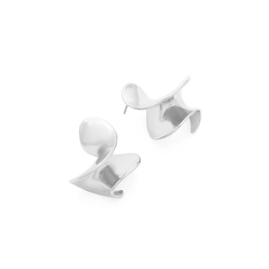 Minimalist silver twisted metal leaf stud earrings with a high polished mirror finish
