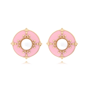 Vintage gold and pink enamel button earrings with center pearl and ornate metal filigree