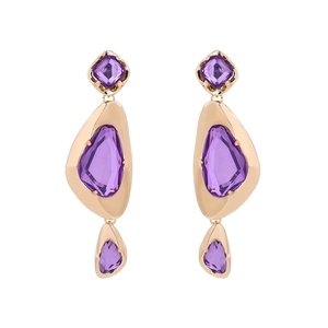 Geometric drop earrings with purple crystals and gold-plated irregular frames for women
