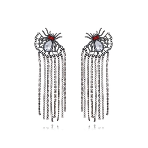 Rhinestone Spider Tassel Earrings Gunmetal Black Long Dangle Gothic Punk Jewelry Red Accent For Women