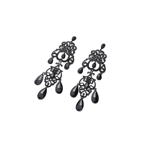 Vintage black lacquered teardrop tassel earrings with intricate hollow-out floral patterns