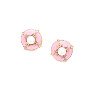 Vintage pink enamel button stud earrings with pearls and gold floral edges for women