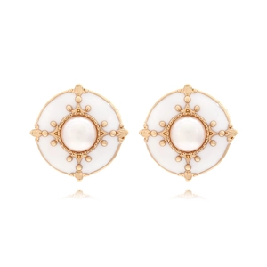 Retro Palace Style Round Button Stud Earrings Zinc Alloy Enamel And Imitation Artificial Pearl Hepburn Style For Women