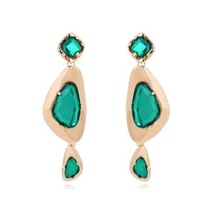 Elegant gold drop earrings featuring green geometric crystals in a tiered vintage design