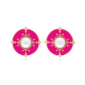 Retro round button stud earrings with pink enamel, faux pearl, and gold floral border
