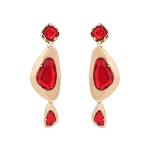 Vintage geometric drop earrings in gold with inlaid red crystals for women's fashion