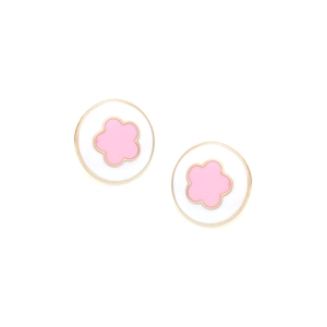 Orecchini a perno con fiori rosa in stile coreano e bordo dorato su smalto bianco puro