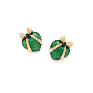 Green enamel heart stud earrings with golden bow and zircon stone on white background