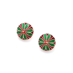 Boucles d'oreilles vintage en émail vert avec motif floral rouge et bords dorés