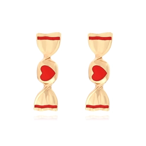 Boucles d'oreilles bonbons dorées avec cœur rouge et finition en alliage poli