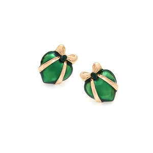 Vintage red heart stud earrings with golden bowknot detail and green enamel finish