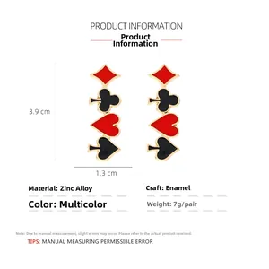 Size chart showing dimensions of poker card enamel earrings with zinc alloy details