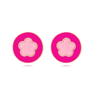 Eleganti orecchini a lobo tondi a fiore in smalto rosa e placcati oro con riflessi