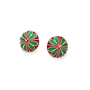 Boucles d'oreilles trèfle vintage en émail vert et or avec design de bouton rétro
