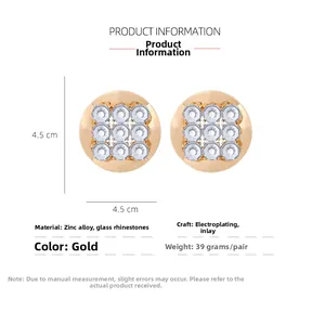Detail of 4.5cm gold round alloy earrings with 3x3 square rhinestone inlay patterns