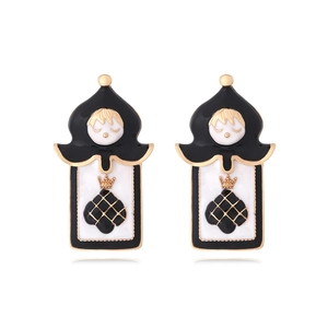 Whimsical poker king earrings featuring black spade and crown enamel design on gold alloy