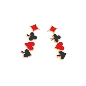 Quirky poker card suit dangle earrings featuring enamel hearts and spades designs