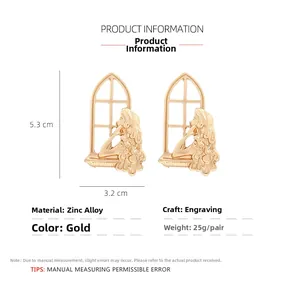 Detail view of gold hollow-out window earrings with vintage abstract portrait relief