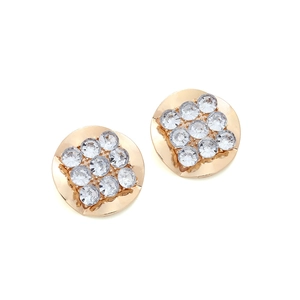 Macro detail of gold round stud earrings featuring square-set clear crystals and polished finish