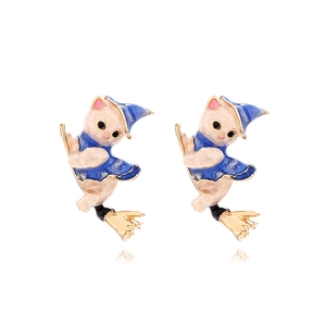 Boucles D'oreilles Chat Dessin Animé Chapeau Sorcier Balai Alliage Émail Strass Thème Magique Bijoux Mode Femme