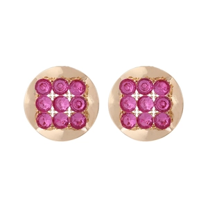 Vintage gold alloy round stud earrings with 3x3 square grid pink crystals for women