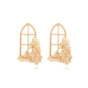 Artistic Hollow Window Girl Silhouette Stud Earrings Zinc Alloy Vintage Relief Style For Women Gold Tone