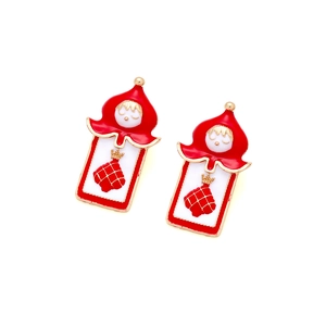 Cartoon soldier earrings with red enamel and crown pendant in gold plated alloy