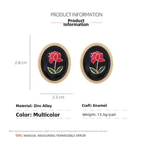 Detailed view of vintage oval rose earrings with zinc alloy frame and dimensions