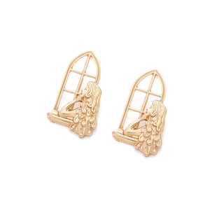 Vintage gold-toned alloy window girl studs featuring hollow abstract silhouette design