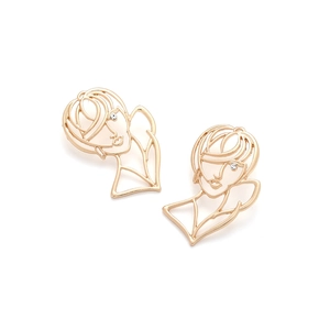 Boucles d'oreilles visage abstrait ajouré en métal doré avec yeux en strass