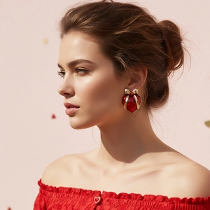 Elegant red enamel heart earrings with golden bow detail on model for Valentine's Day
