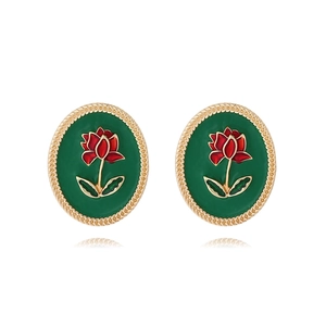 Vintage Oval Stud Earrings With Stainless Steel Earring Post Enamel Rose Flower Pattern Retro French Style Jewelry
