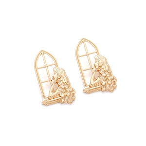 Artistic hollow alloy window earrings with golden relief of a long-haired girl