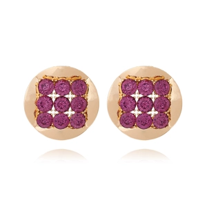 Golden round stud earrings with pink purple rhinestones in a modern textured alloy setting