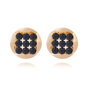 Vintage round gold alloy stud earrings with 9 black crystals and textured finish