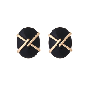 Vintage oval black enamel stud earrings with gold cross accent in retro French style