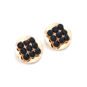 Detailed close-up of golden alloy round earrings featuring a 3x3 black rhinestone matrix