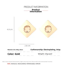 Detailed size specifications of gold geometric square earrings with resin stones