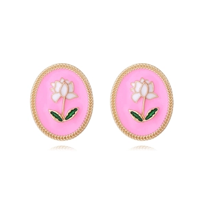 Retro oval enamel flower stud earrings with gold textured border and pink floral center